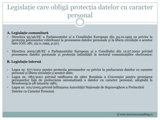 Legislație care obligă protecția datelor cu caracter
                      personal

A. Legislație comunitară
 Directiva 95/46/EC a Parlamentului și a Consiliului European din 24.10.1995 cu privire la
   protecția persoanelor referitoare la procesarea datelor personale și la libera circulație a acestor
   date (OJL 281, 23.11.1995, p.31);

   Directiva 2002/58/EC a Parlamentului European și a Consiliului din 12.07.2002 privind
    procesarea datelor personale și protecția intimității în sectorul comunicațiilor electronice;

B. Legislație internă

 Legea nr. 677/2001 pentru protecția persoanelor cu privire la prelucrarea datelor cu caracter
  personal și libera circulație a acestor date;
 Legea nr. 682/2001 privind ratificarea de către România a Convenției pentru protejarea
  persoanelor față de prelucrarea automatizată a datelor cu caracter personal, adoptată la
  Strasbourg la 28 ianuarie 1981;
 Legea nr. 102/2005 privind înființarea Autorității Naționale de Supraveghere a Prelucrării
  Datelor cu Caracter Personal.




                                                                             © www.iso27001consulting.ro
 