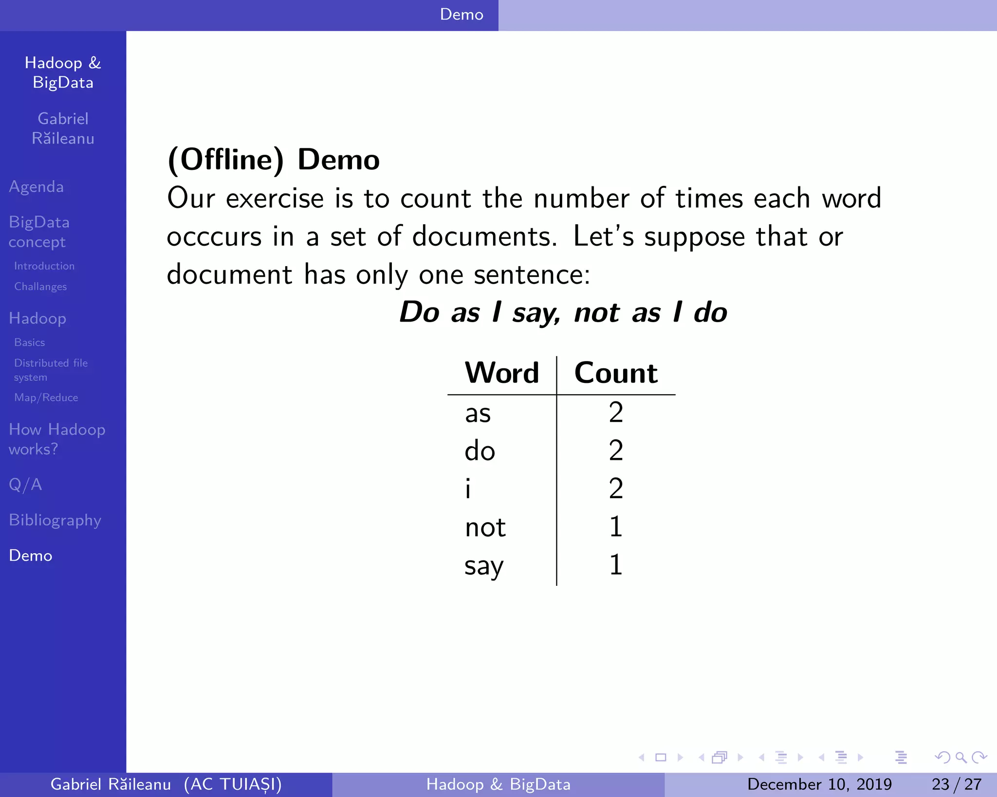Hadoop &
BigData
Gabriel
Răileanu
Agenda
BigData
concept
Introduction
Challanges
Hadoop
Basics
Distributed file
system
Map/Reduce
How Hadoop
works?
Q/A
Bibliography
Demo
.
.
.
.
.
.
.
.
.
.
.
.
.
.
.
.
.
.
.
.
.
.
.
.
.
.
.
.
.
.
.
.
.
.
.
.
.
.
.
.
Demo
(Offline) Demo
Our exercise is to count the number of times each word
occcurs in a set of documents. Let’s suppose that or
document has only one sentence:
Do as I say, not as I do
Word Count
as 2
do 2
i 2
not 1
say 1
Gabriel Răileanu (AC TUIAȘI) Hadoop & BigData December 10, 2019 23 / 27
 