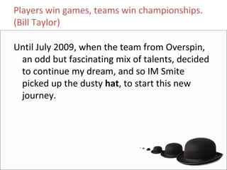 Players win games, teams win championships. 
(Bill Taylor)

Until July 2009, when the team from Overspin, 
 an odd but fascinating mix of talents, decided 
 to continue my dream, and so IM Smite 
 picked up the dusty hat, to start this new 
 journey. 
 
