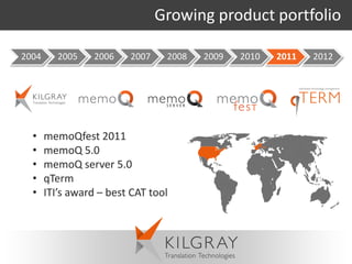 Growing product portfolio

2004      2005   2006    2007    2008   2009   2010   2011   2012




  •    memoQfest 2011
  •    memoQ 5.0
  •    memoQ server 5.0
  •    qTerm
  •    ITI’s award – best CAT tool
 