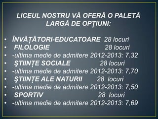 LICEUL NOSTRU VĂ OFERĂ O PALETĂ
LARGĂ DE OPŢIUNI:
• ÎNVĂŢĂTORI-EDUCATOARE 28 locuri
• FILOLOGIE 28 locuri
• -ultima medie de admitere 2012-2013: 7.32
• ŞTIINŢE SOCIALE 28 locuri
• -ultima medie de admitere 2012-2013: 7,70
• ŞTIINŢE ALE NATURII 28 locuri
• -ultima medie de admitere 2012-2013: 7,50
• SPORTIV 28 locuri
• -ultima medie de admitere 2012-2013: 7,69
 