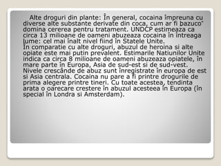 Alte droguri din plante: În general, cocaina împreuna cu
diverse alte substante derivate din coca, cum ar fi „bazuco”
domina cererea pentru tratament. UNDCP estimeaza ca
circa 13 milioane de oameni abuzeaza cocaina în întreaga
lume: cel mai înalt nivel fiind în Statele Unite.
În comparatie cu alte droguri, abuzul de heroina si alte
opiate este mai putin prevalent. Estimarile Natiunilor Unite
indica ca circa 8 milioane de oameni abuzeaza opiatele, în
mare parte în Europa, Asia de sud-est si de sud-vest.
Nivele crescânde de abuz sunt înregistrate în europa de est
si Asia centrala. Cocaina nu pare a fi printre drogurile de
prima alegere printre tineri. Cu toate acestea, tendinta
arata o oarecare crestere în abuzul acesteea în Europa (în
special în Londra si Amsterdam).
 