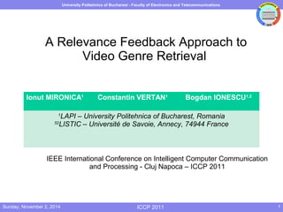 University Politehnica of Bucharest - Faculty of Electronics and Telecommunications 
A Relevance Feedback Approach to 
Video Genre Retrieval 
Ionut MIRONICA1 Constantin VERTAN1 Bogdan IONESCU1,2 
1LAPI – University Politehnica of Bucharest, Romania 
52LISTIC – Université de Savoie, Annecy, 74944 France 
IEEE International Conference on Intelligent Computer Communication 
and Processing - Cluj Napoca – ICCP 2011 
Sunday, November 2, 2014 ICCP 2011 1 
 