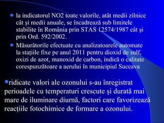 la indicatorul NO2 toate valorile, atât medii zilnice cât şi medii anuale, se încadrează sub limitele stabilite în România prin STAS 12574/1987 cât şi prin Ord. 592/2002. Măsurătorile efectuate cu analizatoarele automate la staţiile fixe pe anul 20 11  pentru dioxid de sulf, oxizi de azot, manoxid de carbon, indică o calitate corespunzătoare a aerului în municipiul Suceava  ridicate valori ale ozonului s-au înregistrat perioadele cu temperaturi crescute şi durată mai mare de iluminare diurnă, factori care favorizează reacţiile fotochimice de formare a ozonului. 