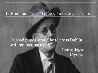 In Romanul "Ulise" (1922), James Joyce a spus :




  “a good puzzle would be to cross Dublin
  without passing a pub”
                              James Joyce
                                   Ulysses
 