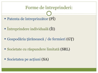 Forme de  întreprinderi: Patenta de întreprinzător  (PÎ) Întreprindere individuală  (ÎI) Gospodăria ţărănească / de fermieri  (GŢ) Societate cu răspundere limitată  (SRL) Societatea pe acţiuni  (SA) 