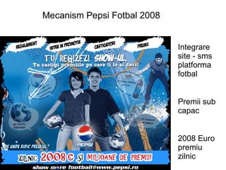 Mecanism Pepsi Fotbal 2008 Integrare site - sms platforma fotbal Premii sub capac 2008 Euro premiu zilnic 