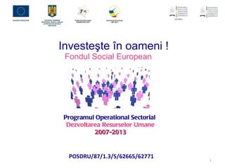   Investeşte în oameni ! Fondul Social European   P rogramul Operational Sectorial  Dezvoltarea Resurselor Umane 2007-2013   POSDRU/87/1.3/S/62665/62771 