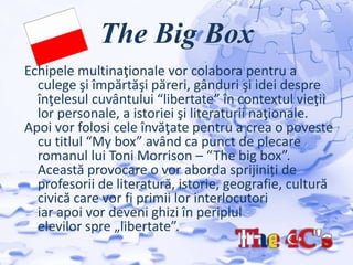 The Big Box
Echipele multinaţionale vor colabora pentru a
culege şi împărtăşi păreri, gânduri şi idei despre
înţelesul cuvântului “libertate” în contextul vieţii
lor personale, a istoriei şi literaturii naţionale.
Apoi vor folosi cele învăţate pentru a crea o poveste
cu titlul “My box” având ca punct de plecare
romanul lui Toni Morrison – “The big box”.
Această provocare o vor aborda sprijiniți de
profesorii de literatură, istorie, geografie, cultură
civică care vor fi primii lor interlocutori
iar apoi vor deveni ghizi în periplul
elevilor spre „libertate”.
 