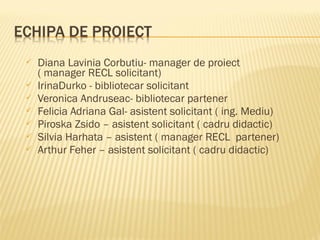    Diana Lavinia Corbutiu- manager de proiect
    ( manager RECL solicitant)
   IrinaDurko - bibliotecar solicitant
   Veronica Andruseac- bibliotecar partener
   Felicia Adriana Gal- asistent solicitant ( ing. Mediu)
   Piroska Zsido – asistent solicitant ( cadru didactic)
   Silvia Harhata – asistent ( manager RECL partener)
   Arthur Feher – asistent solicitant ( cadru didactic)
 