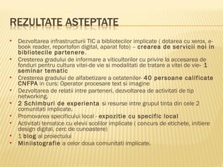    Dezvoltarea infrastructurii TIC a bibliotecilor implicate ( dotarea cu xerox, e-
    book reader, reportofon digital, aparat foto) – crearea de ser vicii noi in
    bibliotecile par tenere .
   Cresterea gradului de informare a viticultorilor cu privire la accesarea de
    fonduri pentru cultura vitei-de vie si modalitati de tratare a vitei de vie- 1
    seminar tematic
   Cresterea gradului de alfabetizare a cetatenilor- 40 persoane calificate
    CNFPA in curs: Operator procesare text si imagine
   Dezvoltarea de relatii intre parteneri, dezvoltarea de activitati de tip
    networking.
   2 Schimburi de experienta si resurse intre grupul tinta din cele 2
    comunitati implicate.
   Promovarea specificului local - expozitie cu specific local
   Activitati tematice cu elevii scolilor implicate ( concurs de etichete, initiere
    design digital, cerc de cunoastere)
   1 blog al proiectului
   Miniistografie a celor doua comunitati implicate.
 