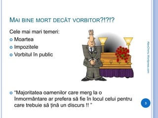 Mai bine mort decât vorbitor?!?!?Cele mai mari temeri:MoarteaImpoziteleVorbitul în public“Majoritatea oamenilor care merg la o înmormântare ar prefera să fie în locul celui pentru care trebuie să ţină un discurs !! ”3AlexChimu.Wordpress.com