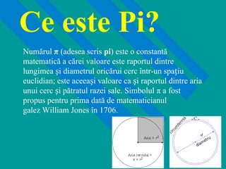 Ce este Pi?
Numărul π (adesea scris pi) este o constantă
matematică a cărei valoare este raportul dintre
lungimea și diametrul oricărui cerc într-un spațiu
euclidian; este aceeași valoare ca și raportul dintre aria
unui cerc și pătratul razei sale. Simbolul π a fost
propus pentru prima dată de matematicianul
galez William Jones în 1706.
 