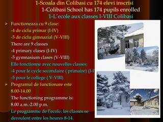 1-Scoala din Colibasi cu 174 elevi inscrisi 1- Colibasi School has 174 pupils enrolled 1-L’ecole aux classes I-VIII Colibasi Functioneaza cu 9 clase: -4 de ciclu primar (I-IV)  -5 de ciclu gimnazial (V-VIII) There are 9 classes -4 primary clases (I-IV) -5 gymnasium clases (V-VIII) Elle fonctionne avec  nouvelles  classes: -4 pour le cycle secondaire ( primaire) (I-IV) -5 pour le college ( V-VIII) Programul de functionare este  8.00-14.00 The functioning programme is: 8.00 a.m.-2.00 p.m. Le programme de l’ecole: les classes se  deroulent entre les heures 8-14. 