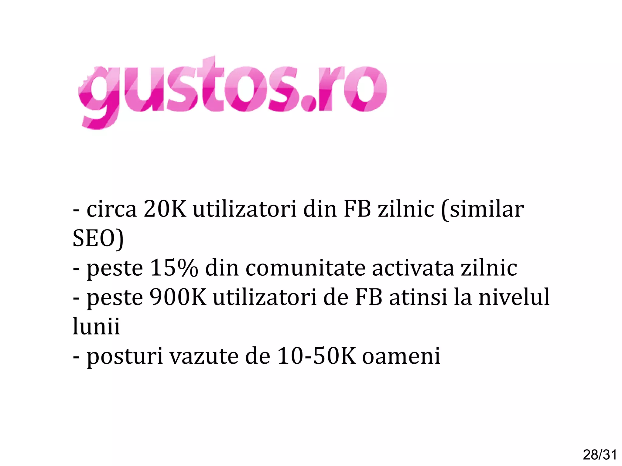 - circa 20K utilizatori din FB zilnic (similar
SEO)
- peste 15% din comunitate activata zilnic
- peste 900K utilizatori de FB atinsi la nivelul
lunii
- posturi vazute de 10-50K oameni
28/31
 