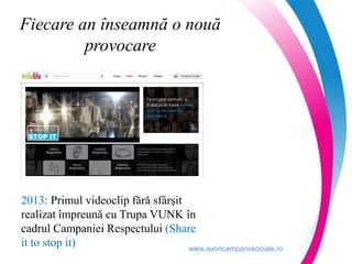 www.avoncampaniisociale.ro
Fiecare an înseamnă o nouă
provocare
2013: Primul videoclip fără sfârșit
realizat împreună cu Trupa VUNK în
cadrul Campaniei Respectului (Share
it to stop it)
 