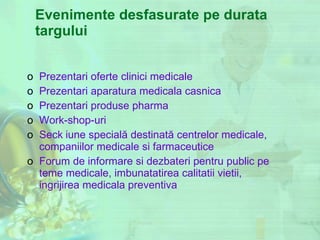 Evenimente desfasurate pe durata targului Prezentari oferte clinici medicale  Prezentari aparatura medicala casnica  Prezentari produse pharma Work-shop-uri Secțiune specială destinată  centrelor medicale, companiilor medicale si farmaceutice  Forum de informare si dezbateri pentru public pe teme medicale, imbunatatirea calitatii vietii, ingrijirea medicala preventiva 