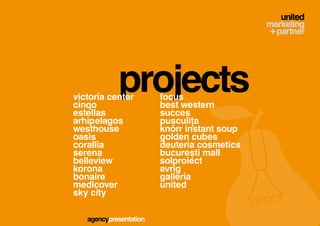 cinqo
            projects
victoria center         focus
                        best western
estellas                succes
arhipelagos             pușculița
westhouse               knorr instant soup
oasis                   golden cubes
corallia                deuteria cosmetics
serena                  bucurești mall
belleview               solproiect
korona                  avrig
bonaire                 galleria
medicover               united
sky city

   agencypresentation
 