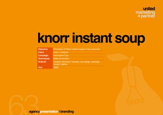 knorr instant soup
     Objective    Promotion of Knorr instant soups in key accounts
     Client       Knorr / Unilever
     Campaign     Knorriginal Cup
     Techniques   Sales promotion,
     Outputs      Creative Services: concept, cup design, package
                  design, tagline
     Year         2006




agencypresentation | branding
 