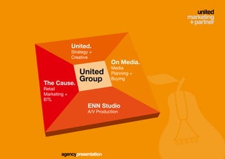 United.  
               Strategy +
               Creative
                                 On Media.
                                 Media 
                  United         Planning +

The Cause.
                  Group          Buying

Retail 
Marketing + 
BTL
                       ENN Studio
                       A/V Production




        agencypresentation
 