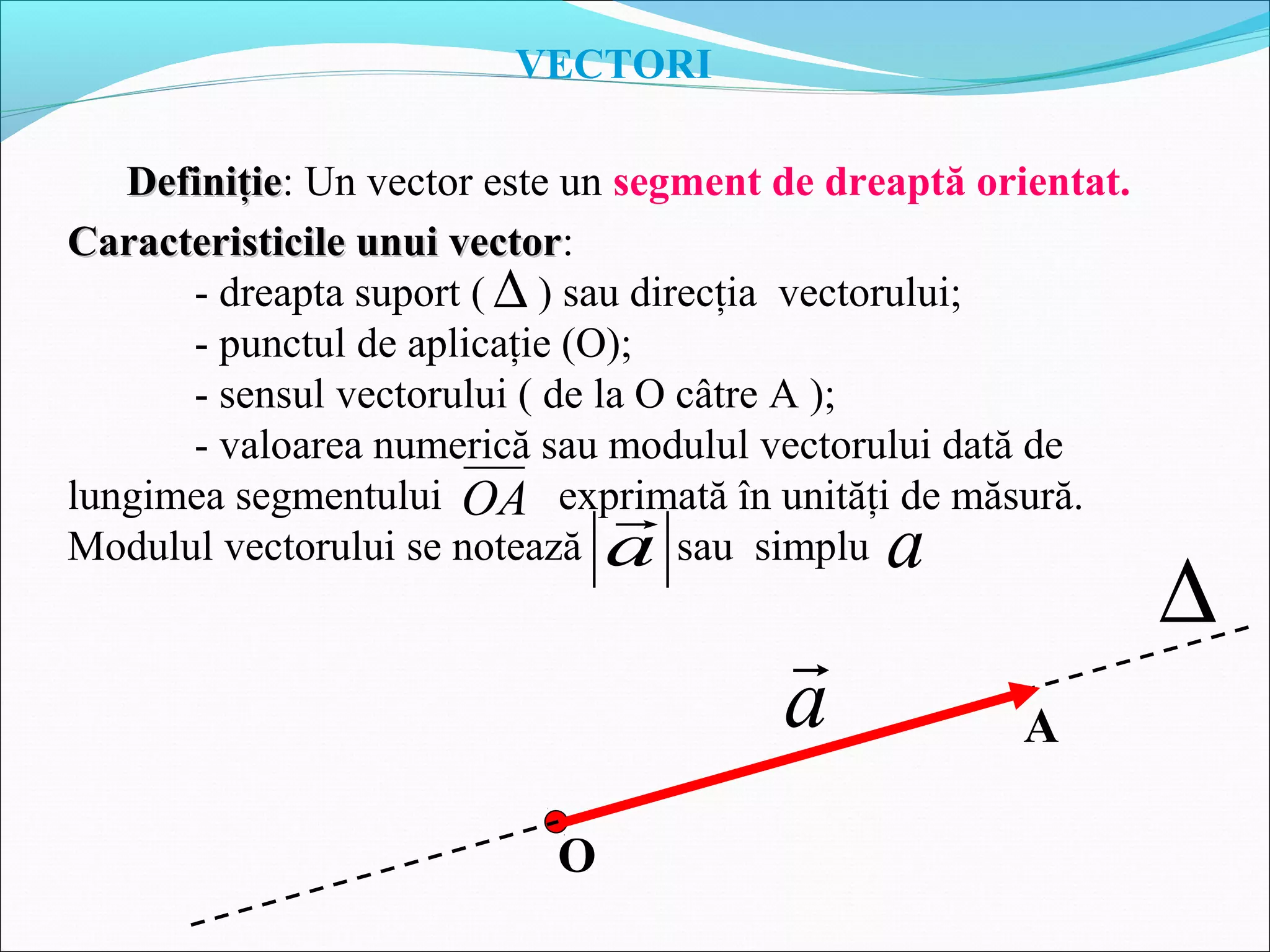 ∆
O
Aa

VECTORI
DeDefiniţiefiniţie: Un vector este un segment de dreaptă orientat.
Caracteristicile unui vectorCaracteristicile unui vector:
- dreapta suport ( ) sau direcţia vectorului;
- punctul de aplicaţie (O);
- sensul vectorului ( de la O câtre A );
- valoarea numerică sau modulul vectorului dată de
lungimea segmentului exprimată în unităţi de măsură.
Modulul vectorului se notează sau simplu
∆
OA
a

a
 