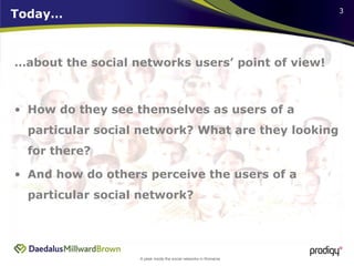 Today… … about the social networks users’ point of view! How do they see themselves as users of a particular social network? What are they looking for there? And how do others perceive the users of a particular social network? 
