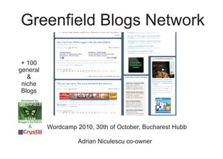 Greenfield Blogs Network
Wordcamp 2010, 30th of October, Bucharest Hubb
+ 100
general
&
niche
Blogs
Adrian Niculescu co-owner
 