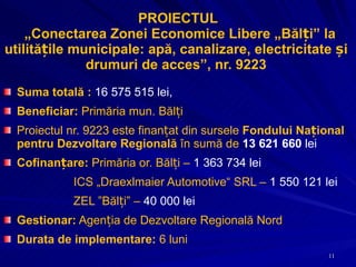 PROIECTUL   „ Conectarea Zonei Economice Libere „Bălți” la utilitățile municipale: apă, canalizare, electricitate și  drumuri de acces ”,   nr. 9223  Suma totală :  16 575 515 lei,  Beneficiar:  Primăria mun. Bălți Proiectul nr. 9223 este finanțat din sursele  Fondului Național pentru Dezvoltare Regională  în sumă de  13 621 660  lei Cofinanțare:  Primăria or. Bălți –  1 363 734 lei ICS „Draexlmaier Automotive“ SRL  –  1 550 121 lei ZEL ”Bălți”  –  40 000 lei Gestionar:  Agenția de Dezvoltare Regională Nord Durata de implementare:  6 luni 