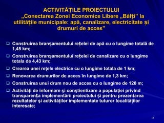 ACTIVITĂȚILE PROIECTULUI   „ Conectarea Zonei Economice Libere „Bălți” la utilitățile municipale: apă, canalizare, electricitate și  drumuri de acces ”  Construirea branșamentului rețelei de apă cu o lungime totală de 1,45 km; Construirea branșamentului rețelei de canalizare cu o lungime totala de 4,43 km; Crearea unei reţele electrice cu o lungime totala de 1 km; Renovarea drumurilor de acces în lungime de 1,3 km; Construirea unui drum nou de acces cu o lungime de 120 m; Activităţi de informare şi conştientizare a populaţiei privind  transparența implementării proiectului și pentru prezentarea rezultatelor  şi activităţilor implementate tuturor localităţilor interesate; 