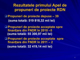 Rezultatele primului Apel de propuneri de proiecte RDN Propuneri de proiecte depuse – 39  (suma totală:  5 19 818,32 mii   lei) Propuneri de proiecte acceptate spre finanțare din FNDR în 2010 –5  (suma totală:  55   300,97  mii lei) Propuneri de proiecte acceptate  spre finanțare din FNDR în 2011 – 2  (suma totală: 32   419,14 mii lei) 
