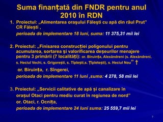 Suma finanțată din FNDR pentru anul 2010 în RDN 1.  Proiectul: „ Alimentarea oraşului Făleşti   cu apă din râul Prut ” CR Fălești  , perioada de implementare 18 luni, suma:  11 375,31 mii lei 2 .  Proiectul: „Finisarea construcției poligonului pentru acumularea, sortarea și valorificarea deșeurilor menajere pentru 3 primării (7 localități):  or. Biruința, Alexăndreni (s. Alexăndreni, s. Heciul Vechi, s. Grigorești, s. Tîplești,s. Țîpletești), s. Heciul Nou ”  or. Biruința,  r. Sîngerei , perioada de implementare 11 luni ,suma:  4278, 58  mii lei 3 .  Proiectul: „Servicii calitative de apă și canalizare în  orașul Otaci pentru mediu curat în regiunea de nord”  or. Otaci, r. Ocnița , perioada de implementare 24 luni suma:  25 559,7 mii lei 
