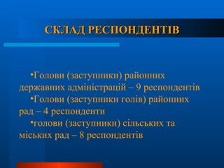 СКЛАД РЕСПОНДЕНТІВ Голови (заступники) районних державних адміністрацій – 9 респондентів Голови (заступники голів) районних рад – 4 респонденти голови (заступники) сільських та міських рад – 8 респондентів  