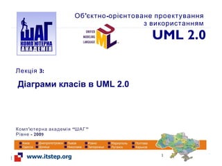 ' “ ”Комп ютерна академія ШАГ
- 200Рівне 9
' -Об єктно орієнтоване проектування
з використанням
UML 2.0
Лекція 3:
Діаграми класів в UML 2.0
1
 