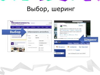 Выбор, шеринг
Показатели: Заявки, покупки, регистрации, перепостинги, посты в
соц. сетях.
 