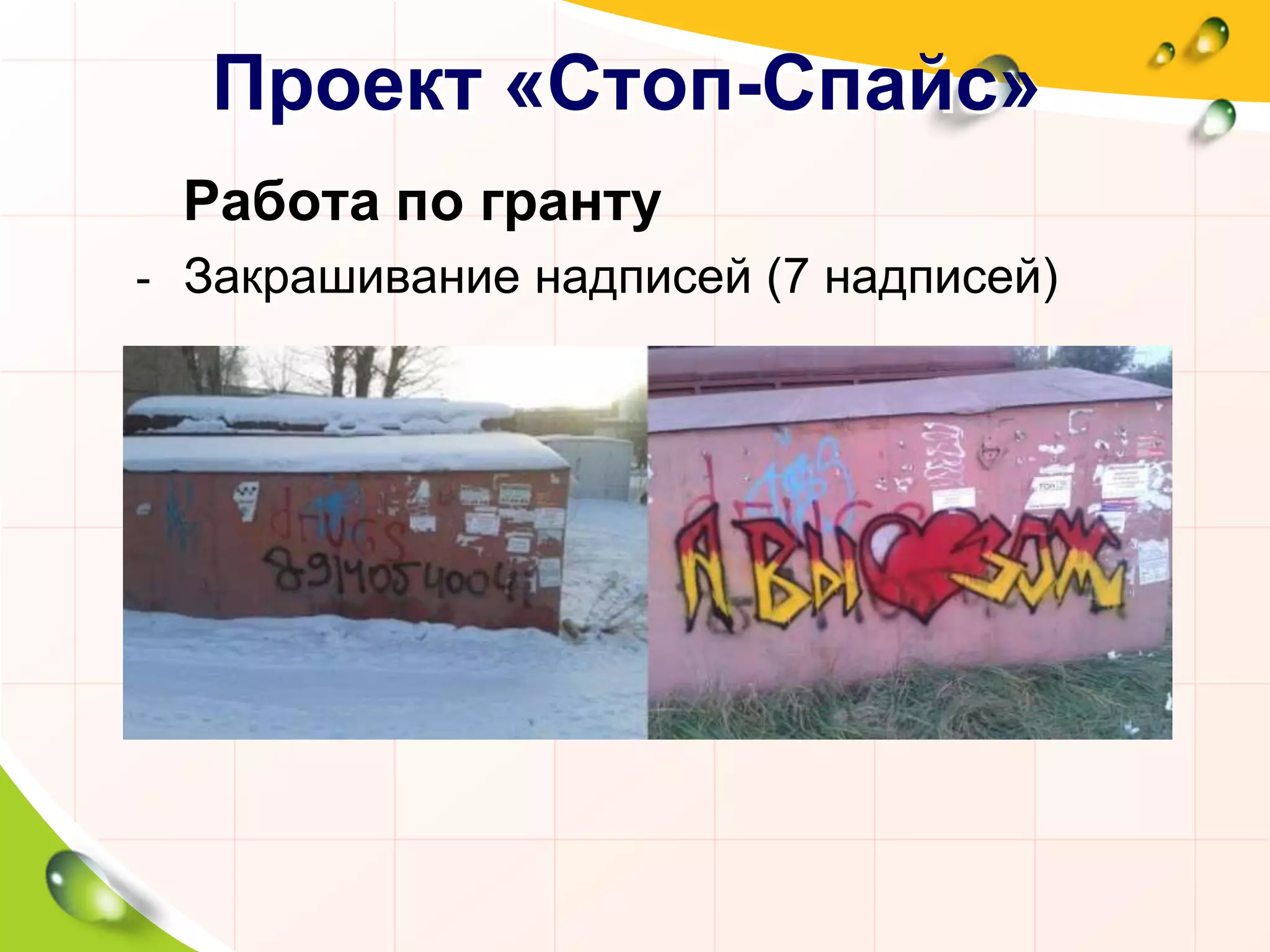 Проект «Стоп-Спайс»
Работа по гранту
- Закрашивание надписей (7 надписей)
 