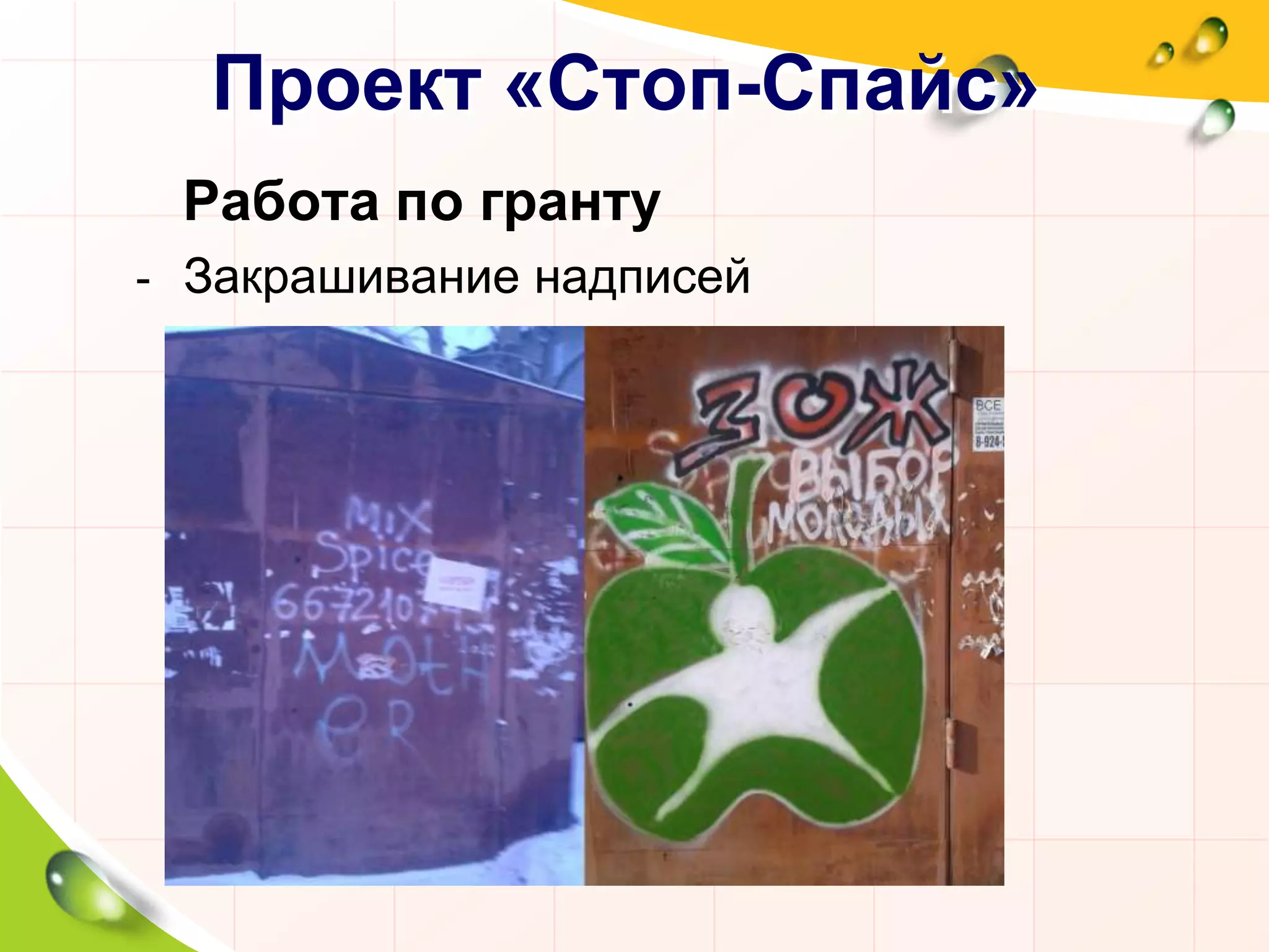 Проект «Стоп-Спайс»
Работа по гранту
- Закрашивание надписей
 