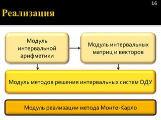 16
Модуль реализации метода Монте-Карло
Модуль интервальных
матриц и векторов
Модуль
интервальной
арифметики
Модуль методов решения интервальных систем ОДУ
 