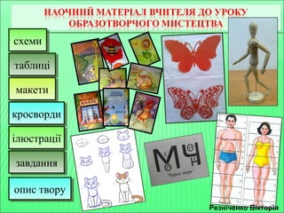 ссххееммии 
ттааббллиицціі 
ммааккееттии 
ккррооссввооррддии 
ііллююссттррааццііїї 
ззааввддаанннняя 
ооппиисс ттввоорруу 
Резніченко Вікторія 
 