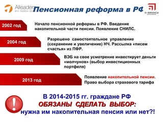 Пенсионная реформа в РФ
2002 год
2004 год
2009 год
2013 год
Начало пенсионной реформы в РФ. Введение
накопительной части п...