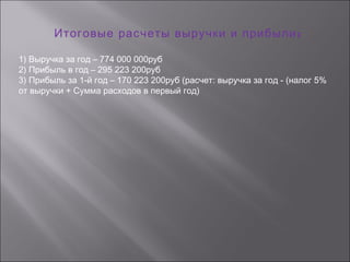 :Итоговые расчеты выручки и прибыли
1) Выручка за год – 774 000 000руб
2) Прибыль в год – 295 223 200руб
3) Прибыль за 1-й год – 170 223 200руб (расчет: выручка за год - (налог 5%
от выручки + Сумма расходов в первый год)
 