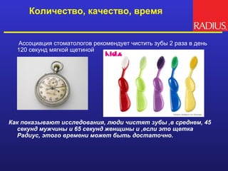 Количество, качество, время


  Ассоциация стоматологов рекомендует чистить зубы 2 раза в день
  120 секунд мягкой щетиной




Как показывают исследования, люди чистят зубы ,в среднем, 45
   секунд мужчины и 65 секунд женщины и ,если это щетка
   Радиус, этого времени может быть достаточно.
 