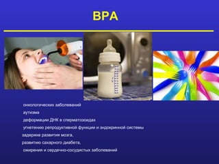 BPA




онкологических заболеваний
аутизма
деформации ДНК в сперматозоидах
угнетению репродуктивной функции и эндокринной системы
задержке развития мозга,
развитию сахарного диабета,
ожирения и сердечно-сосудистых заболеваний
 