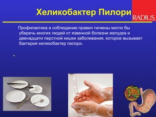 Хеликобактер Пилори
    Профилактика и соблюдение правил гигиены могло бы
    уберечь многих людей от язвенной болезни желудка и
    двенадцати перстной кишки заболевания, которое вызывает
    бактерия хеликобактер пилори.

•
 