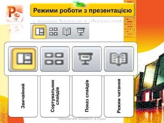 Чашук О.Ф., вчитель
інформатики ЗОШ№23, м.Луцьк
Звичайний
Сортувальник
слайдів
Показслайдів
Режимчитання
Режими роботи з презентацією
 