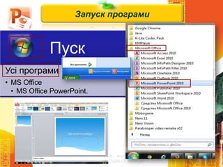 Чашук О.Ф., вчитель
інформатики ЗОШ№23, м.Луцьк
Запуск програми
Пуск
Усі програми
• MS Office
• MS Office PowerPoint.
 
