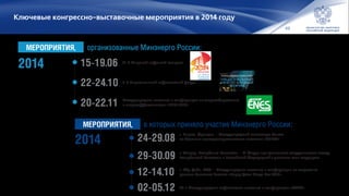 49
Ключевые конгрессно-выставочные мероприятия в 2014 году
21-й Мировой нефтяной конгресс
г. Париж, Франция — Международный симпозиум Совета
по большим электроэнергетическим системам «СИГРЭ».
г. Атырау, Республика Казахстан — XI Форум приграничного сотрудничества между
Республикой Казахстан и Российской Федерацией с участием глав государств
г. Абу-Даби, ОАЭ — Международная выставка и конференция по энергетике
региона Ближнего Востока «Пауэр Джен Мидл Ист 2014».
20-я Международная нефтегазовая выставка и конференция «ОСЕА».
2-й Национальный нефтегазовый форум
Международная выставка и конференция по энергосбережению
и энергоэффективности «ENES 2014»
2014
2014
15-19.06
22-24.10
24-29.08
29-30.09
12-14.10
02-05.12
МЕРОПРИЯТИЯ,
МЕРОПРИЯТИЯ,
организованные Минэнерго России:
в которых приняло участие Минэнерго России:
20-22.11
 