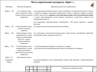 Материал Описание материала Предполагаемые места применения
Абрисхс – ЛБ 2-х стороння липкая
лента, покрытая с обоих
сторон антиадгезионным
покрытием
для ликвидации разгерметизации в местах резьбовых соединений запального стакана
с корпусом снаряда, соединения привинтной головки с корпусом снаряда головных
частей и других мест снарядов ствольной артиллерии, мин наземной артиллерии
с целью предотвращения утечки боевых химических токсических веществ или
отравляющих веществ
для ликвидации разгерметизации контейнеров с БЧ между верхней и нижней
крышкой.
Абрисхс – Ш Самоклеящийся шнур в
антиадгезионном
покрытии
для герметизации соединения крышки контейнера
Абрисхс – ЛТф Самоклеящаяся лента,
армированная с одной
стороны алюминиевой
фольгой, с другой
антиадгезионным
покрытием
для ликвидации локальной разгерметизации тонкостенных конструкций: авиабомб,
контейнеров, баков, наливных емкостей.
Абрисхс – ЛТнп Самоклеящаяся лента,
армированная с одной
стороны нетканым, с
другой антиадгезионным
покрытием
- для предотвращения коррозии поверхности снаряда;
- дополнительная газонепроницаемая защита контейнера для снарядов .
Абрис – Рхс Химстойкая мастика
Контейнер
Абрисхс
для предотвращения утечек отравляющих веществ при хранении и транспортировке
снарядов
Места применения материала Абрис®
хс
Изм. Лист № докум. Подпись Дата
Лист
7
Техническое предложение
 