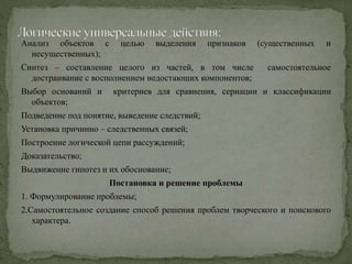 Анализ объектов с целью выделения признаков (существенных и
несущественных);
Синтез – составление целого из частей, в том числе самостоятельное
достраивание с восполнением недостающих компонентов;
Выбор оснований и критериев для сравнения, сериации и классификации
объектов;
Подведение под понятие, выведение следствий;
Установка причинно – следственных связей;
Построение логической цепи рассуждений;
Доказательство;
Выдвижение гипотез и их обоснование;
Постановка и решение проблемы
1. Формулирование проблемы;
2.Самостоятельное создание способ решения проблем творческого и поискового
характера.
 