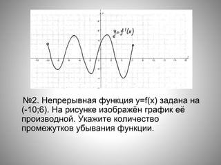 №2. Непрерывная функция y=f(x) задана на
(-10;6). На рисунке изображён график её
производной. Укажите количество
промежутков убывания функции.
 