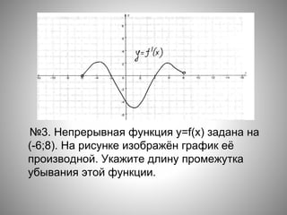 №3. Непрерывная функция y=f(x) задана на
(-6;8). На рисунке изображён график её
производной. Укажите длину промежутка
убывания этой функции.
 